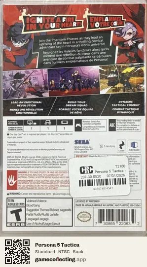 Persona 5 Tactica Nintendo Switch, NTSC box back