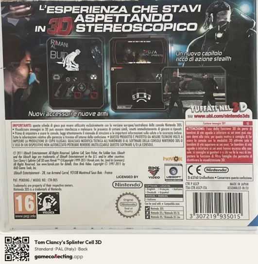 Tom Clancy's Splinter Cell 3D Nintendo 3DS, Italy box back