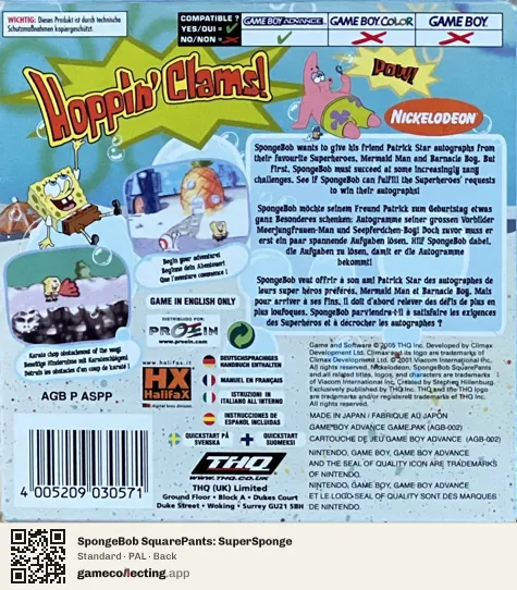 SpongeBob SquarePants: SuperSponge Game Boy Advance, PAL box back