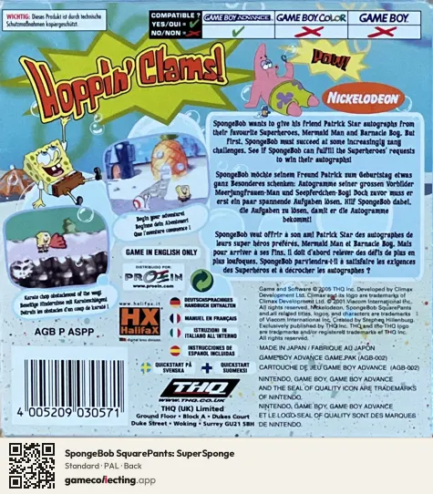 SpongeBob SquarePants: SuperSponge Game Boy Advance, PAL box back