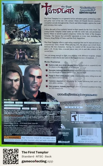 The First Templar Xbox 360, NTSC box back