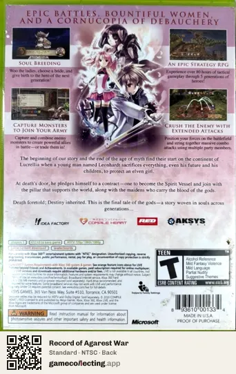 Record of Agarest War Xbox 360, NTSC box back