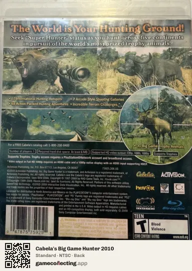 Cabela's Big Game Hunter 2010 PlayStation 3, NTSC box back