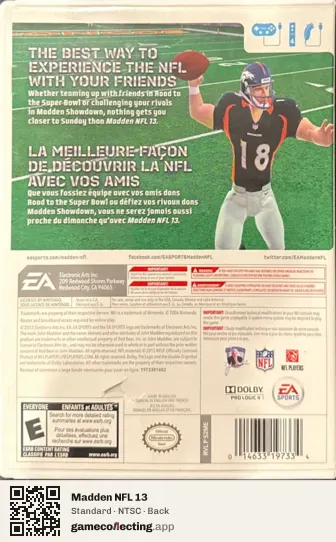 Madden NFL 13 Nintendo Wii, NTSC box back
