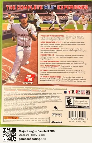 Major League Baseball 2K8 Xbox 360, NTSC box back