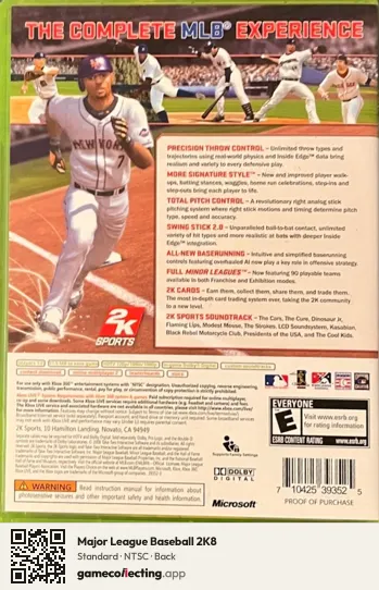 Major League Baseball 2K8 Xbox 360, NTSC box back
