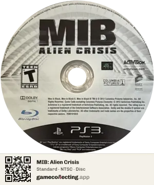 MIB: Alien Crisis PlayStation 3, NTSC disc