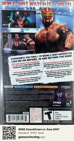 WWE SmackDown vs. Raw 2007 PlayStation Portable, NTSC box back