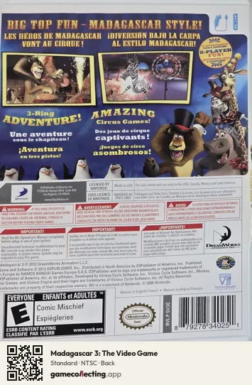 Madagascar 3: The Video Game Nintendo Wii, NTSC box back