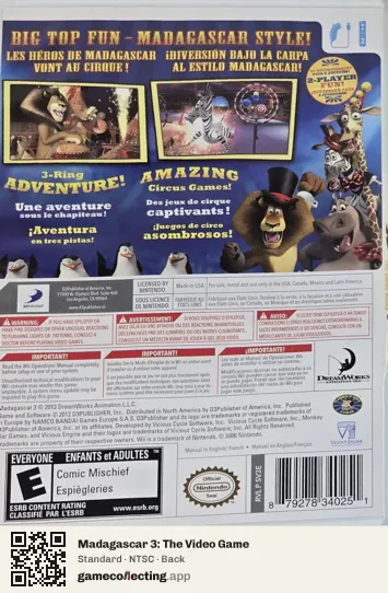 Madagascar 3: The Video Game Nintendo Wii, NTSC box back