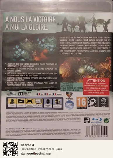 Sacred 3 PlayStation 3, France box back