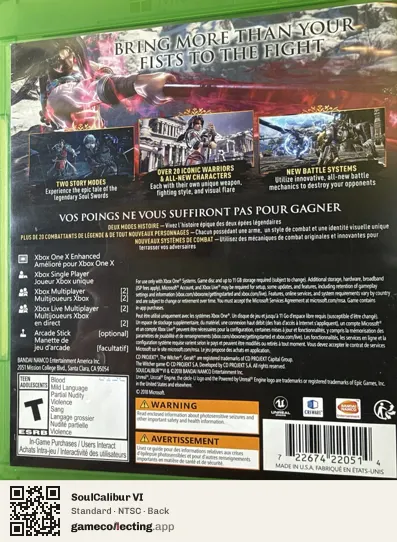 SoulCalibur VI Xbox One, NTSC box back