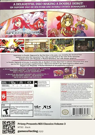 Prinny Presents NIS Classics Volume 3 Nintendo Switch, NTSC box back