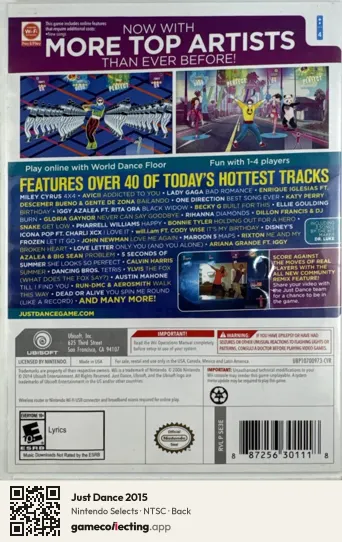 Just Dance 2015 Nintendo Wii, NTSC box back