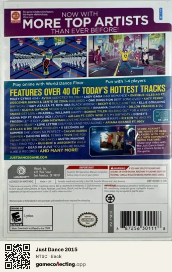 Just Dance 2015 Nintendo Wii, NTSC box back