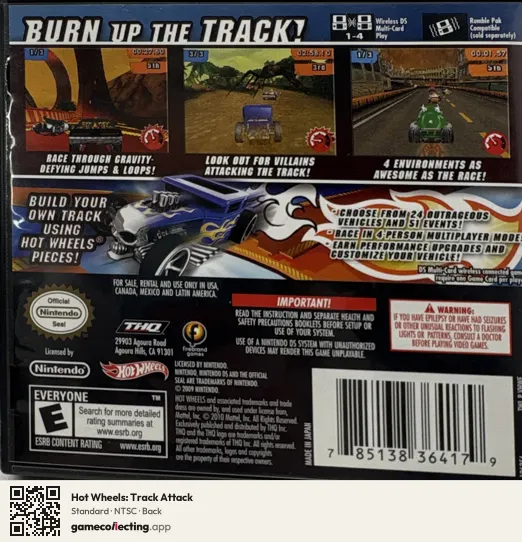 Hot Wheels: Track Attack Nintendo DS, NTSC box back