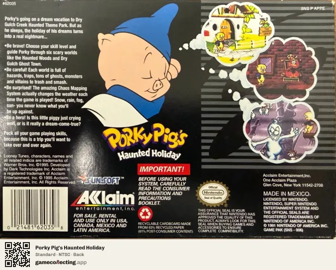 Porky Pig's Haunted Holiday Super Nintendo Entertainment System, NTSC box back