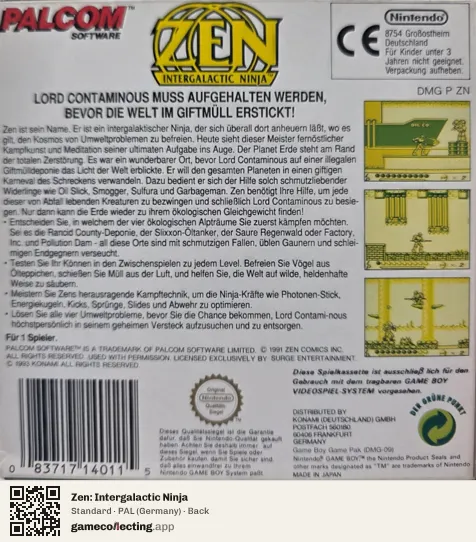 Zen: Intergalactic Ninja Game Boy, Germany box back
