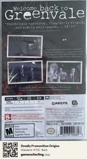 Deadly Premonition Origins Nintendo Switch, NTSC box back