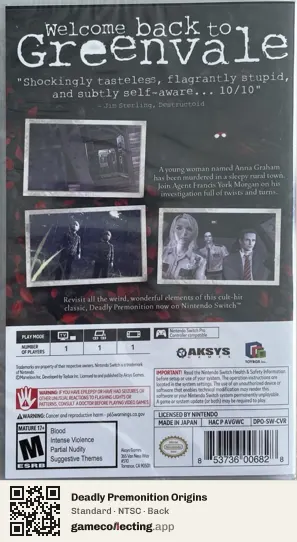 Deadly Premonition Origins Nintendo Switch, NTSC box back