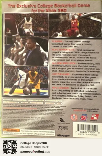 College Hoops 2K6 Xbox 360, NTSC box back