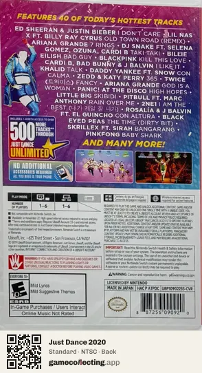 Just Dance 2020 Nintendo Switch, NTSC box back