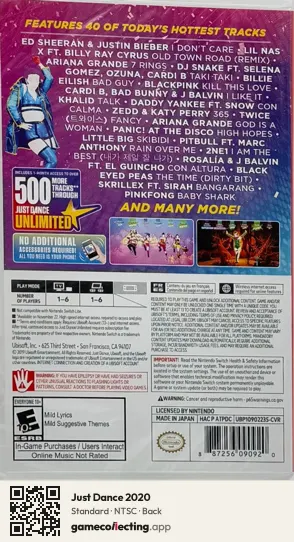 Just Dance 2020 Nintendo Switch, NTSC box back
