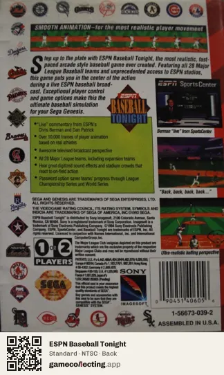 ESPN Baseball Tonight Sega Mega Drive / Genesis, NTSC box back