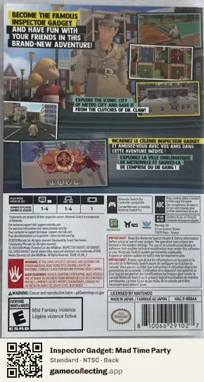 Inspector Gadget: Mad Time Party Nintendo Switch, NTSC box back