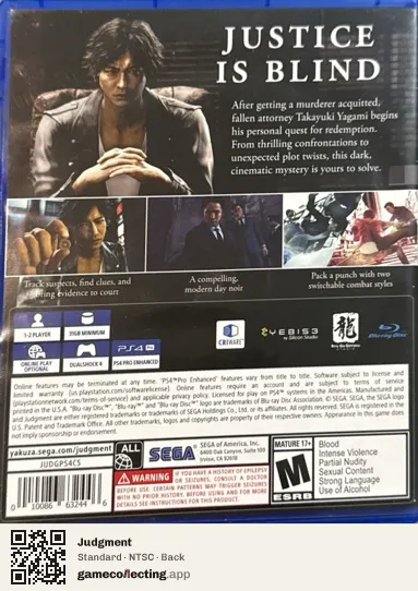 Judgment PlayStation 4, NTSC box back