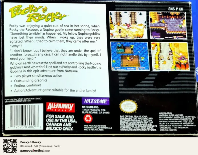 Pocky & Rocky Super Nintendo Entertainment System, Germany box back