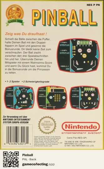 Pinball Nintendo Entertainment System, PAL box back