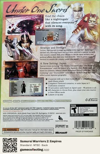 Samurai Warriors 2: Empires Xbox 360, NTSC box back