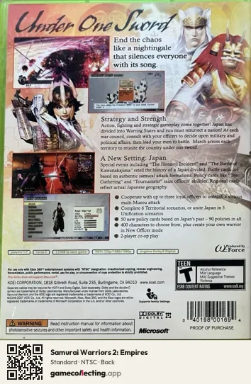 Samurai Warriors 2: Empires Xbox 360, NTSC box back