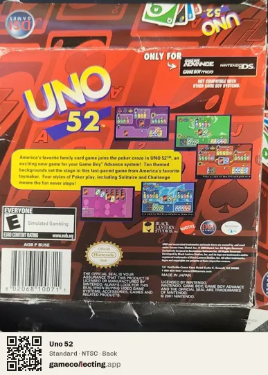 Uno 52 Game Boy Advance, NTSC box back