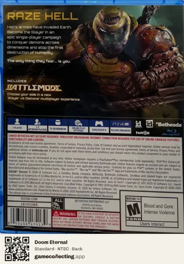 Doom Eternal PlayStation 4, NTSC box back