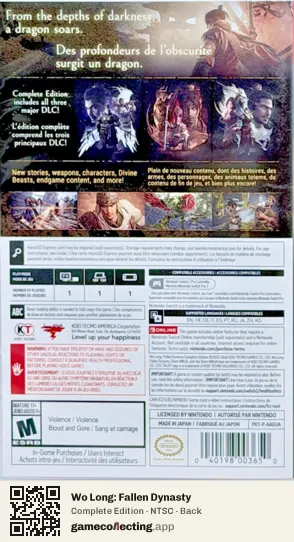 Wo Long: Fallen Dynasty Nintendo Switch 2, NTSC box back