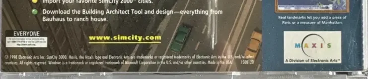 SimCity 3000, the ESRB box on its front