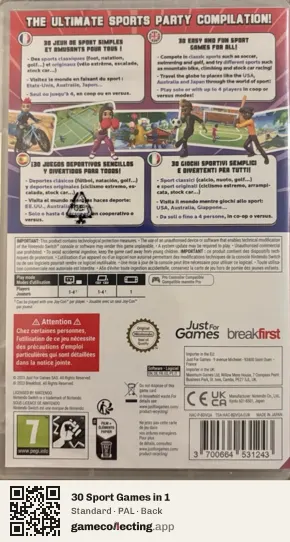 30 Sport Games in 1 Nintendo Switch, PAL box back