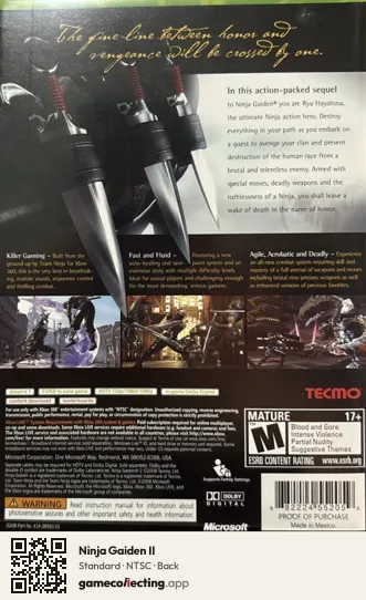 Ninja Gaiden II Xbox 360, NTSC box back
