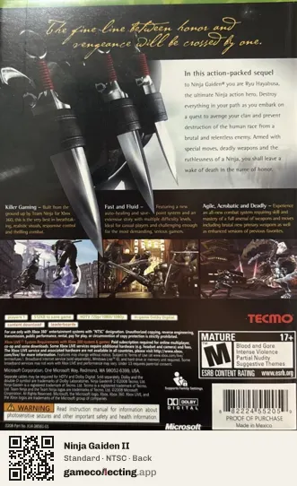 Ninja Gaiden II Xbox 360, NTSC box back