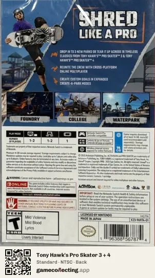 Tony Hawk's Pro Skater 3 + 4 Nintendo Switch, NTSC box back