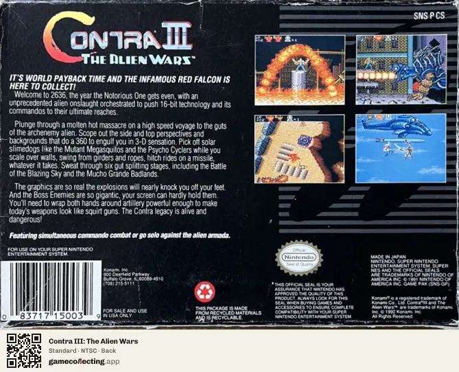Contra III: The Alien Wars Super Nintendo Entertainment System, NTSC box back