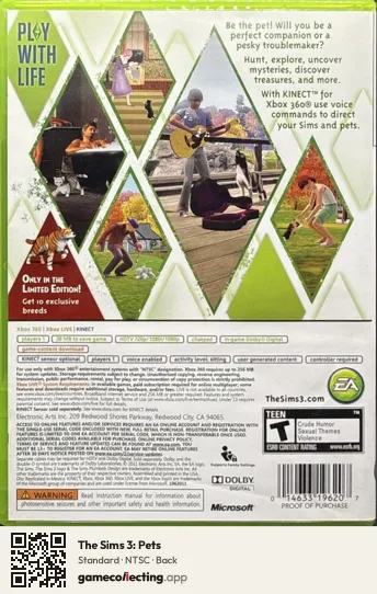 The Sims 3: Pets Xbox 360, NTSC box back