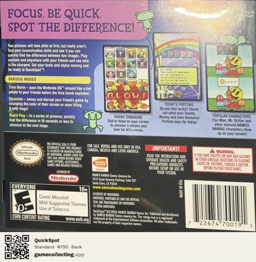 QuickSpot Nintendo DS, NTSC box back