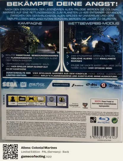 Aliens: Colonial Marines PlayStation 3, Germany box back