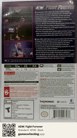AEW: Fight Forever Nintendo Switch, NTSC box back