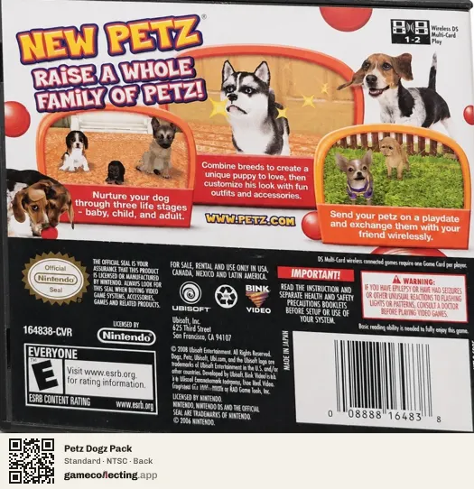 Petz Dogz Pack Nintendo DS, NTSC box back