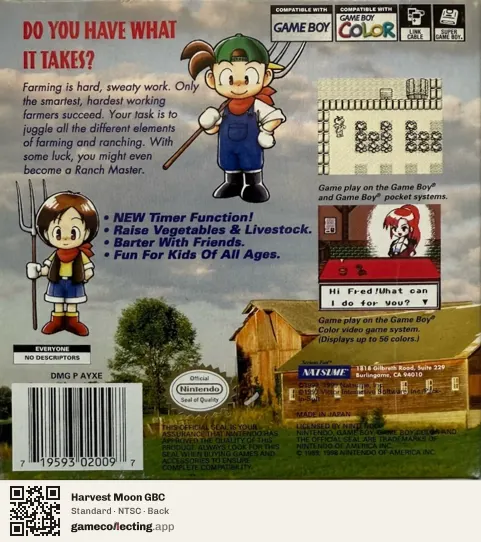 Harvest Moon GBC Game Boy Color, NTSC box back