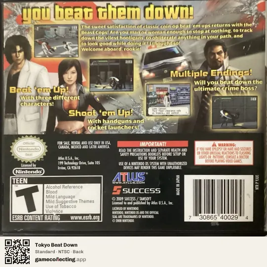 Tokyo Beat Down Nintendo DS, NTSC box back